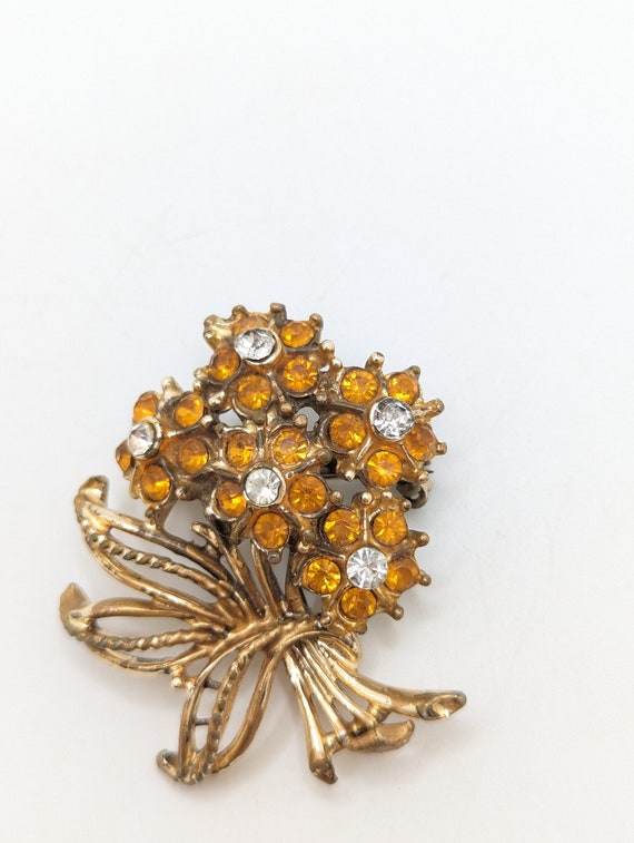 Vintage Amber Rhinestone Brooch Lapel Pin Floral … - image 4
