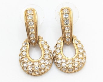 Vintage Large Roman Gold Tone Door Knocker Stud Earrings Dangle Drop Rhinestone Bling Christmas Gift Her Valentines Day Statement Jewelry