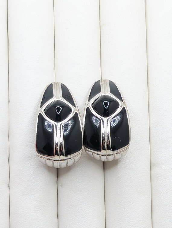 Vintage Trifari Black Silver Enamel Signed Stud S… - image 1