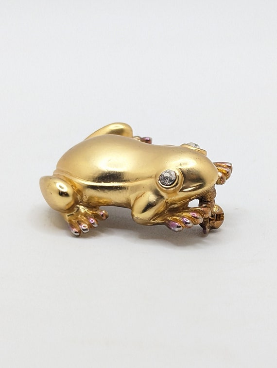 Large Vintage Frog Gold Tone Brooch Lapel Pin Rhi… - image 2