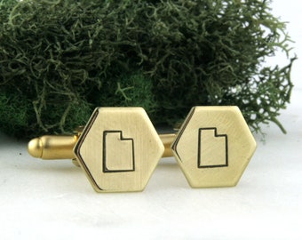 Utah State Hexagon Cufflinks | Brass Cufflinks | Gold Cufflinks | Groom Gift | Groomsman Gift | Wedding Accessories
