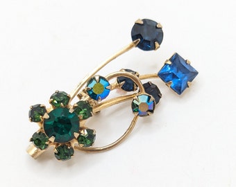 Vintage Flower Brooch Lapel Pin Aurora Borealis Emerald Green Deep Royal Blue Jewelry Accessories Floral Gift For Her Scatter Wedding