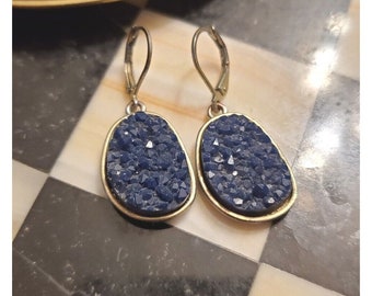 Vintage Crushed Agate Stone Dangle Earrings Silver Tone Royal Blue Gift Birthday for Her Drop Unique