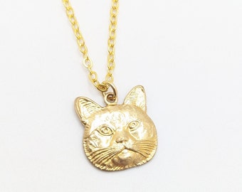 Cat Pendant Charm Kitty Kitten Face Necklace Gold Tone Lover Mama Mom Animal Gift For Her Him Present Gift  Child Free Mothers Day