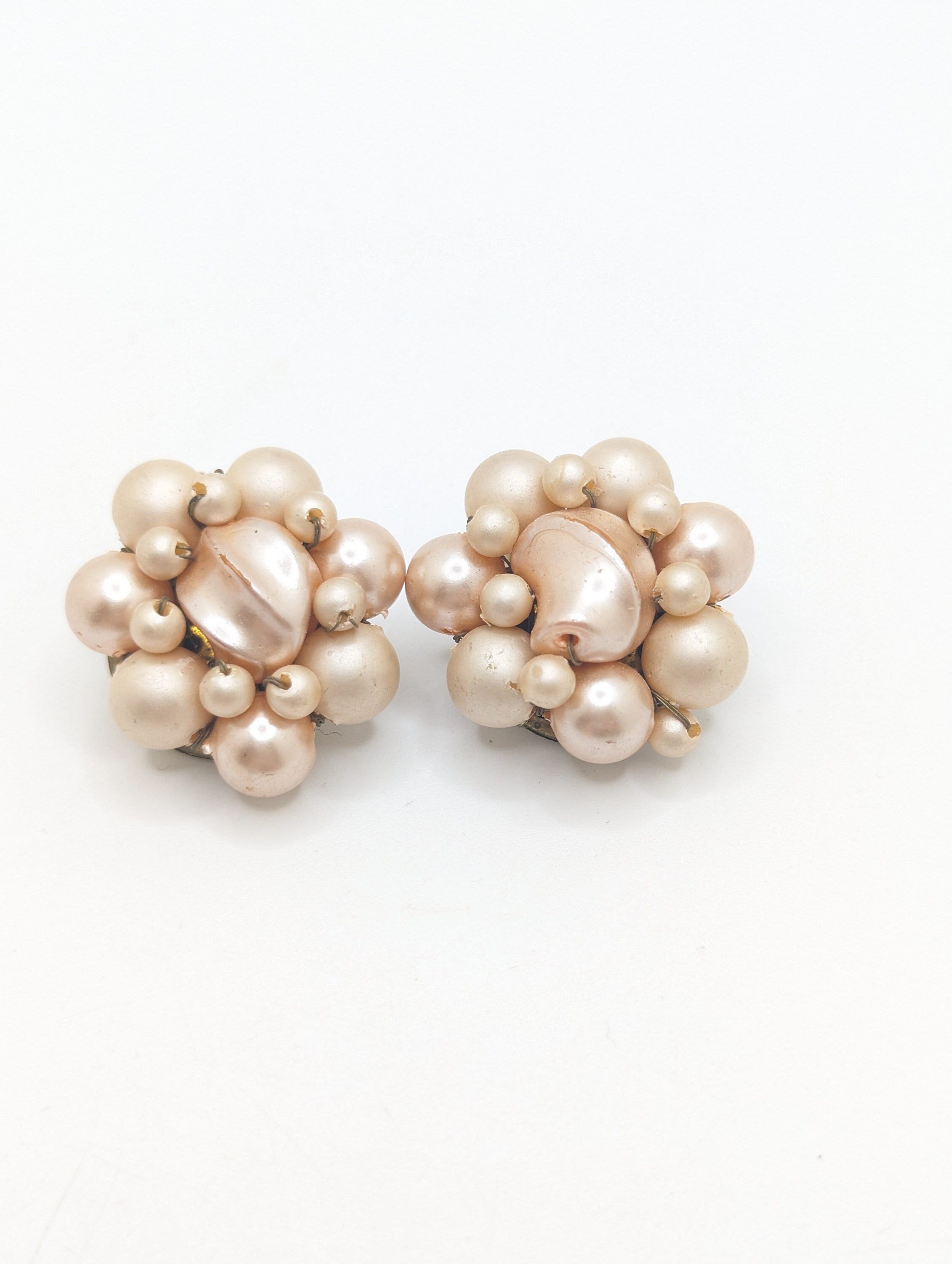 Vintage Blush Pink Hong Kong Faux Pearl Large Costume Jewelry Clip On Earrings Pale Pastel Lightweight Japan Gift Bridesmaid Gifts Feminine