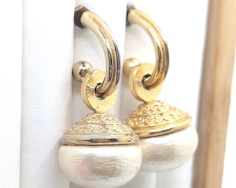 Vintage Jacky DE G Faux Pearl Gold Egyptian Revival Drop Dangle Stud Earrings Ornate Gold Wedding Bridal Present Gift Bridesmaid Signed