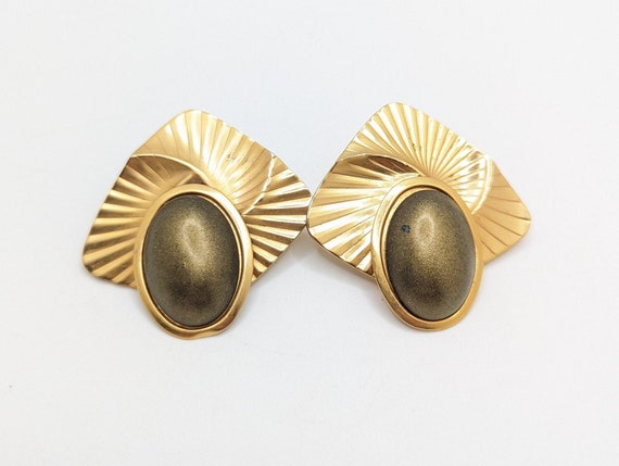 Vintage Art Deco Large Fan Gold Clip On Earrings … - image 1