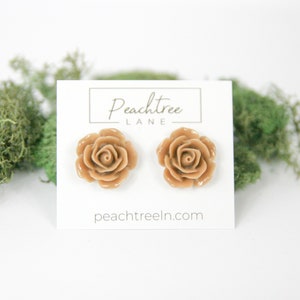 Taupe Brown Rose Floral Earrings, Nickel-Free