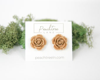 Taupe Brown Rose Floral Earrings, Nickel-Free