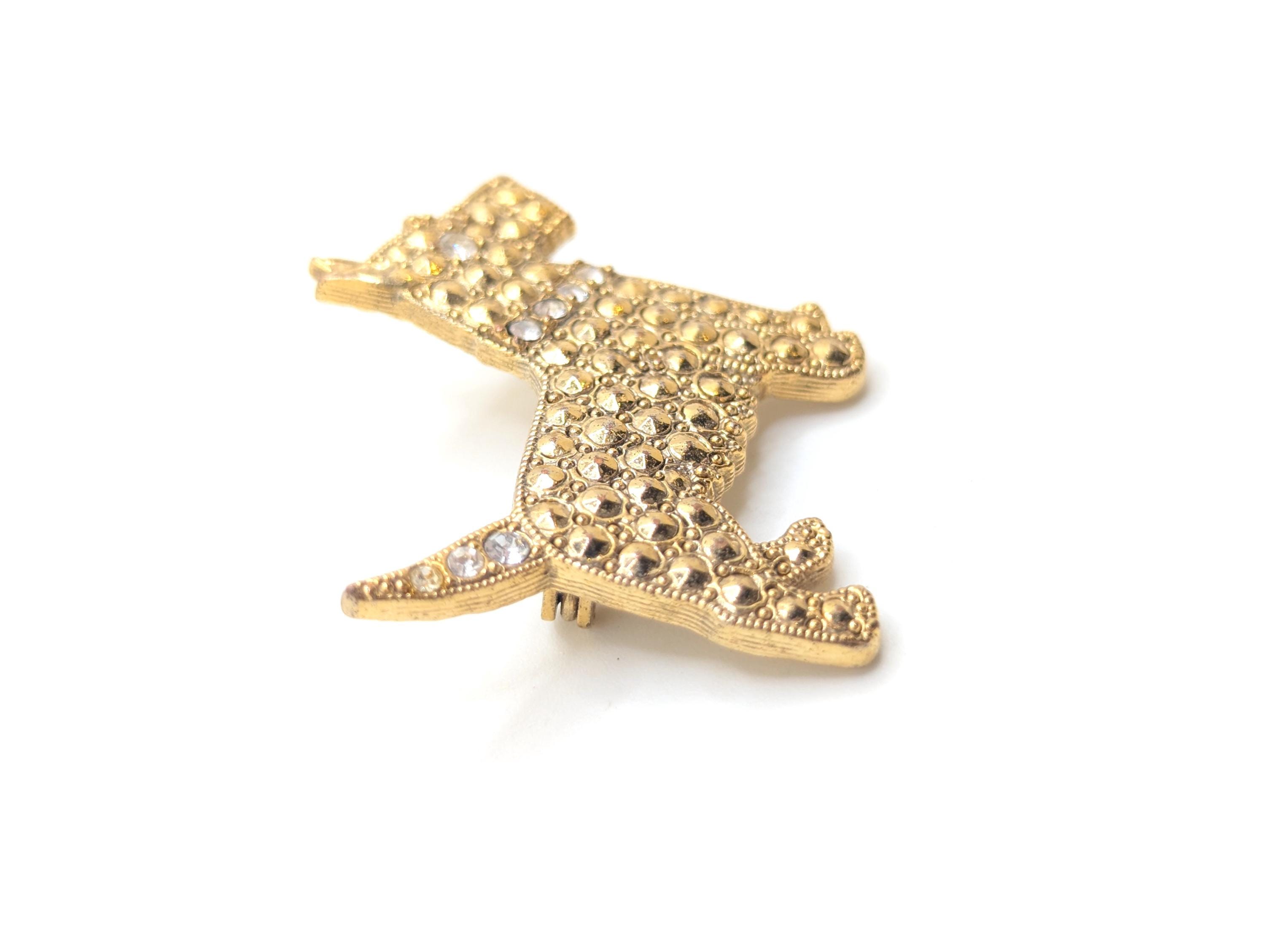 Broche Porte-Lunettes Ancienne En Forme De Scottish Terrier - Métal Doré Et Strass - Vintage