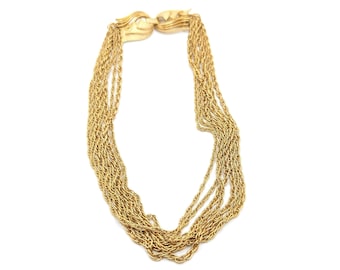 Vintage Lisner 7 Multi-Strang-Halskette, goldfarben, signiert, verzierter Statement-Schmuck, Halsband, Kostüm, Hochzeit, Brautgeschenk für Sie