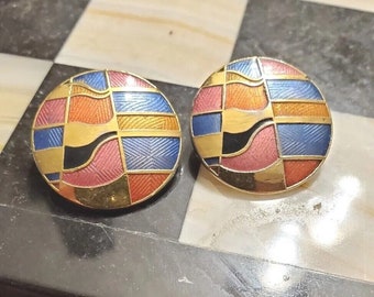 Vintage 1980s Earrings Multicolor Gold Enamel Gold Tone Colorful Wacky 80s Theme Round Blue Pink Gift For Her