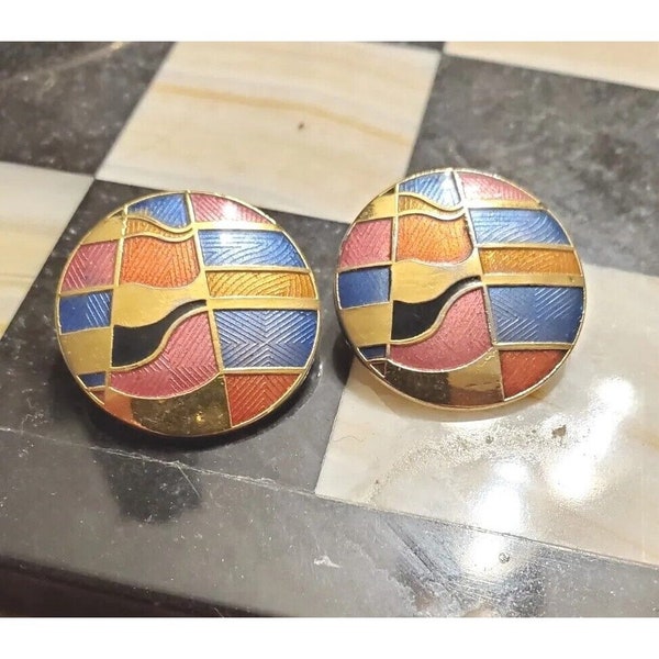 Vintage 1980s Earrings Multicolor Gold Enamel Gold Tone Colorful Wacky 80s Theme Round Blue Pink Gift For Her