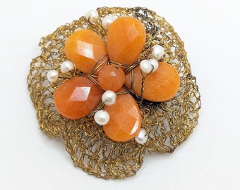 Vintage Beaded Orange Brooch Lapel Pin Faux Pearl Gold Mesh Ornate Flower Floral Openwork Present Gift For Her 1960s Statement Jewelry