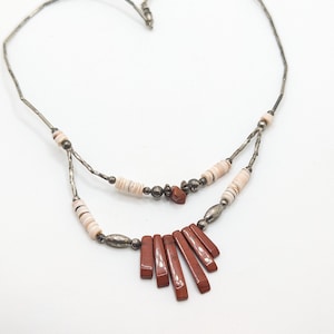 Vintage Sterling Silver Stone Beaded Southwest Necklace Choker Collar Burnt Orange Double Layered Jewelry Texas Christmas Gift Present