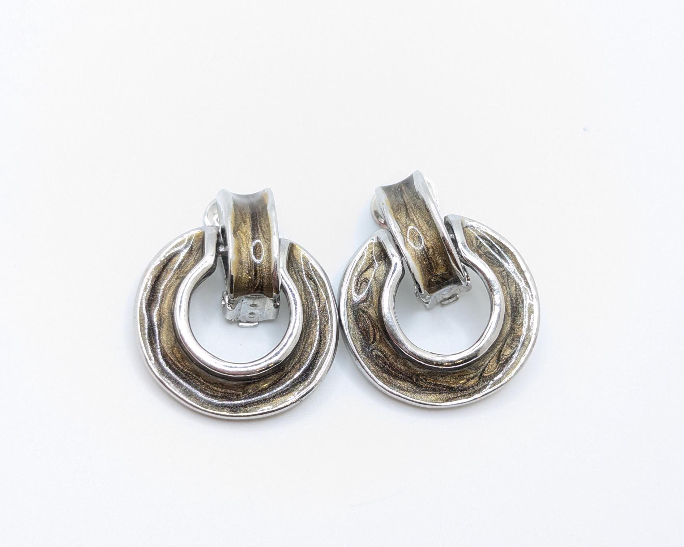 Vintage Door Knocker Marbled Brown Silver Clip On Earrings Wedding Bridal Gift Present For Her Wife Christmas GIfts Chunky 1980s