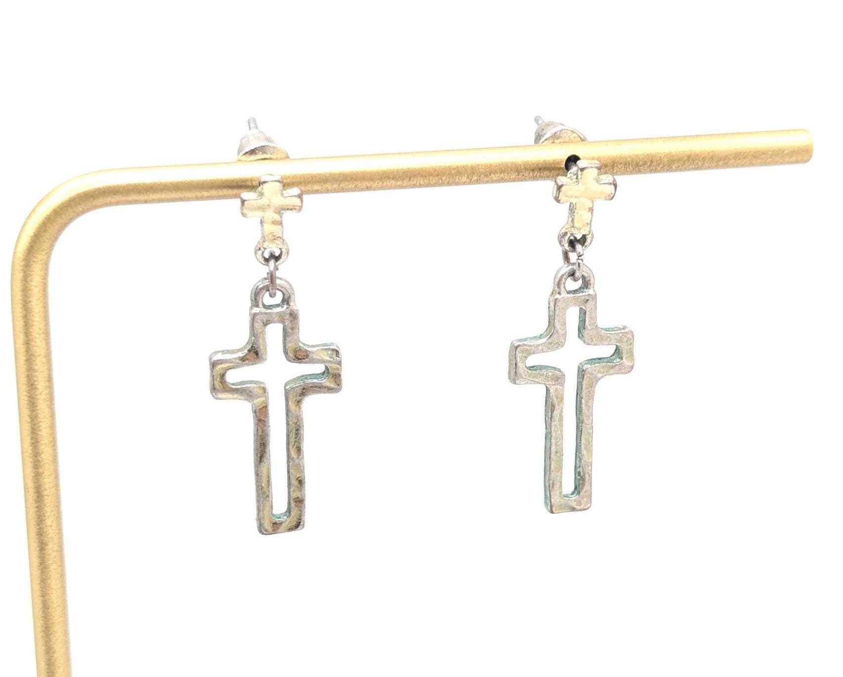 Orecchini Pendenti Argento 925 Con Croce - Gioiello Religioso Cristiano Fatto A Mano - USA