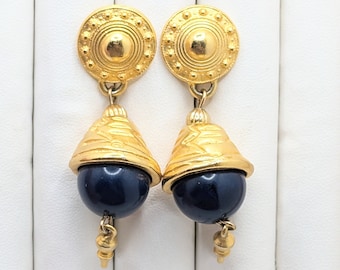 Vintage Dangle Drop Egyptische Revival Oorbellen Goudkleurige Marineblauwe Kralen Kralen Medaillon Egypte Cadeau Voor Haar Geometrisch