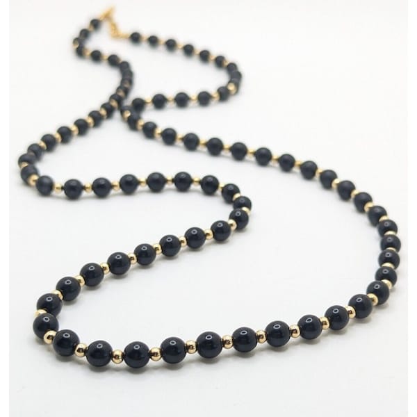 Vintage Monet Long Beaded Black Gold Necklace 28" Layering Signed GIft For Her Present Beads Costume Jewelry Statement