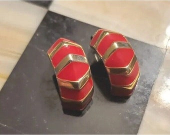 Vintage 1980s Monet Earrings Red Gold Enamel Gold Tone Stud Hoop Hoops Stripe Striped Costume Jewelry Present Gift For Her