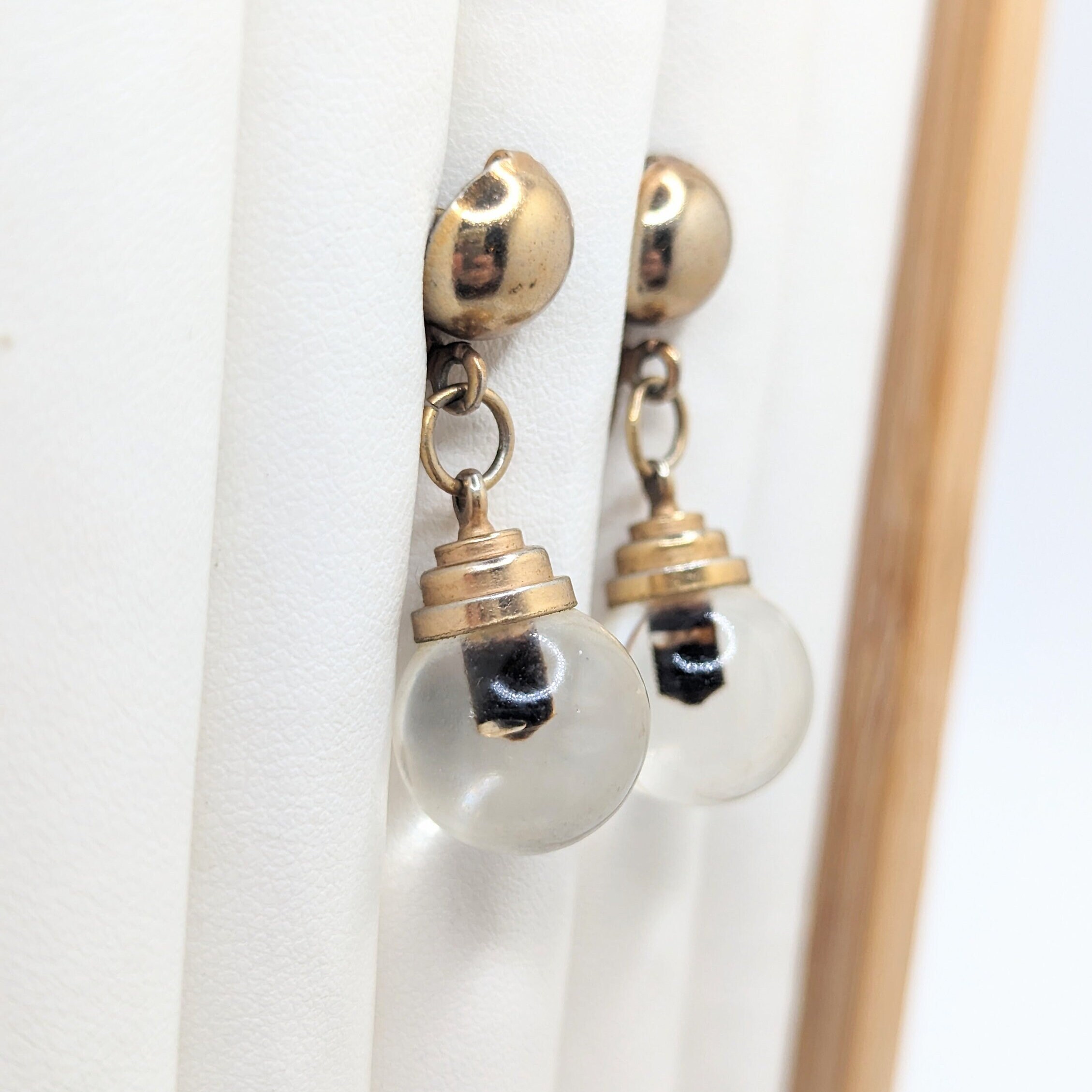 Vintage Egyptian Revival Beaded Gold Tone Drop Dangle Screw Back Earrings Christmas Gift For Her Boho Simple Modern Gold Clear MCM Present