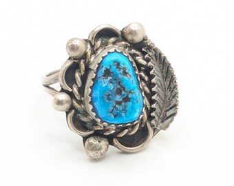 Vintage Sterling Silver Turquoise Stone Native American Ring Size 6 3/4 Aztec Chunky Statement Ornate Leaf Detailed Wedding Gift For Her