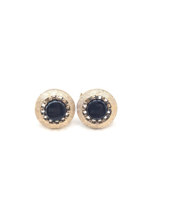 Boutons De Manchette Anciens Dorés Avec Pierre Noire - Vintage - Sans Marque