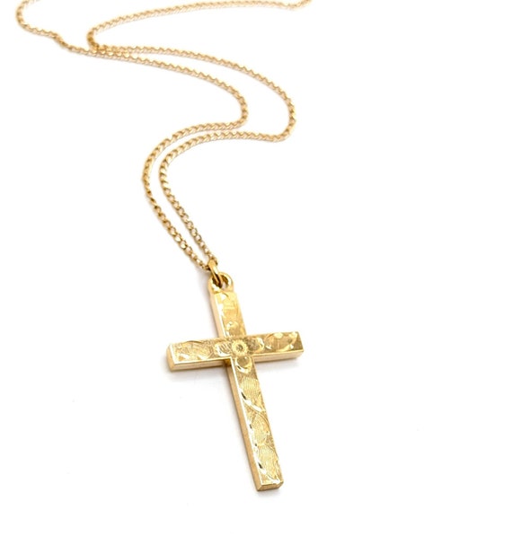 Vintage 1/20 K Gold Fill Engraved Cross Necklace 1