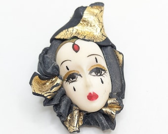 Vintage Handmade Masquerade Weird Woman Party Brooch Lapel Pin Mask Makeup Strange Funky Accessories Gift For Her Gold Hand Painted Present