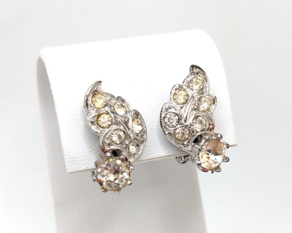 Vintage Bogoff Signed Rhinestone Silver Tone Clip on Earrings