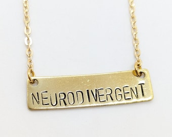 Neurodivergent Brass Gold Bar Necklace Autism Warrior ADHD ADD Inclusion Acceptance Special Education Teacher Gift Present For Her Diversity