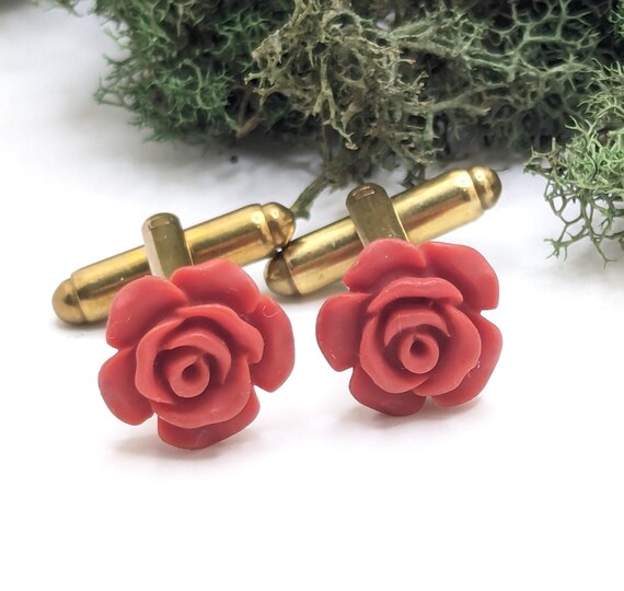 Men's Red Rose Cufflinks - Brass Flower Design | Birthday Wedding Gift Novelty Accessory