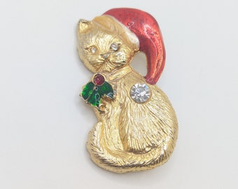 Vintage Santa Hat Christmas Kitty Cat Brooch Lapel Pin Rhinestone Red Green Gold Lover Holly Christmas Present Gift For Her