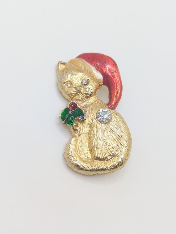 Vintage Santa Hat Christmas Kitty Cat Brooch Lapel