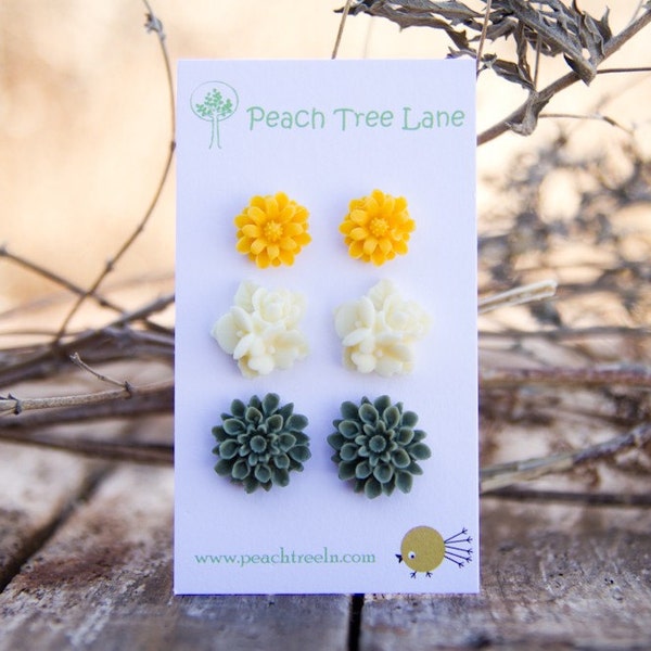 Mustard Yellow Daisy Earring Post, Cream-Ivory Flower Earring, Green-Moss Chrysanthemum Post Earring - Spring