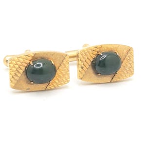 Vintage Jade Green Gold Tone Cufflinks Mens Men Man Groom Stone Art Deco Modernist Wedding Groomsmen Party Costume Accessories Gifts