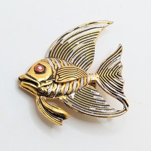 Vintage Fish Damascene Handmade Made in Spain Mixed Metal Gold Silver Brooch Lapel Pin Red Eyes Spanish Gift For Her