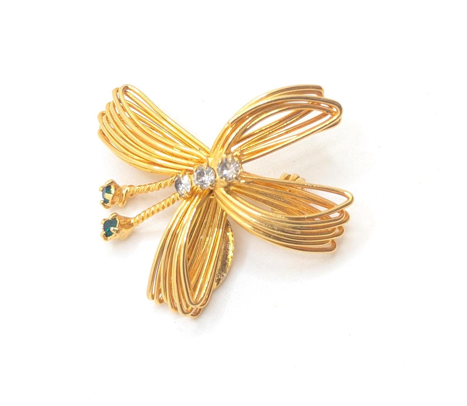 Vintage Direction One Butterfly Gold Tone Brooch Lapel Pin Green Rhinestone Insect Lover Gift Present For Her Outdoors Scatter Pins