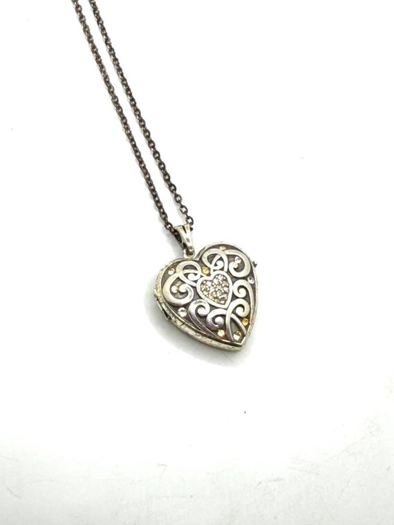 Vintage Heart Brighton Locket Silver Necklace Amber Rhinestone