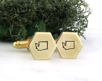 Washington State Hexagon Cufflinks | Brass Cufflinks | Gold Cufflinks | Groom Gift | Groomsman Gift | Wedding Accessories