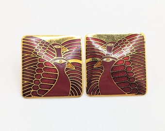 Vintage Laurel Burch Red Gold Moon Doves Stud Earrings Square Chunky Bird Lover Gift For Her Wedding Bridal Present Gift Signed