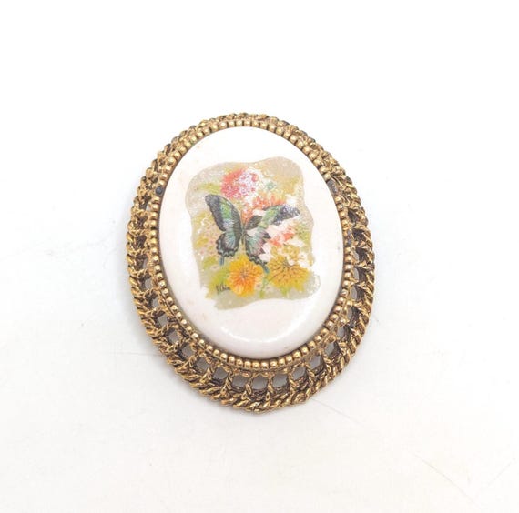 Vintage Floral Porcelain Filigree Barrettes Lot Butterfly Oval Floral and Butterfly Oval Brooch Gold Tone Vintage, Barrette  main image 3