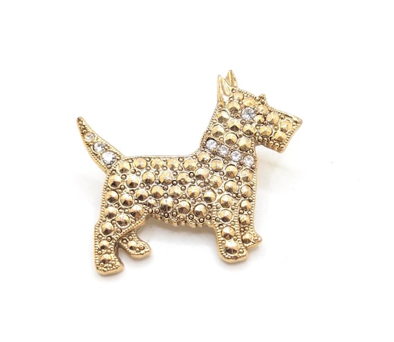 Broche Vintage Chien Scottish En Or Avec Cristaux Diamant - état Impeccable