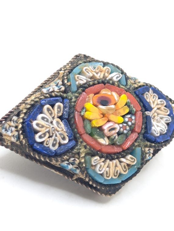 Broche Ancienne Fleurs En Micro-mosaïque Bleue | Laiton Et Verre | Vintage