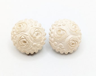 Vintage Cream Resin Carved White Clip On Earrings 1950s 1960s Handmade Flower Floral Wedding Bridal Gift For Her Present