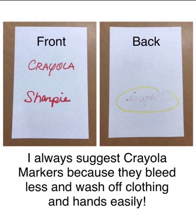 Pode incluir: Duas folhas de papel branco, uma com a etiqueta "Front" e a outra com "Back". A folha da frente tem as palavras "Crayola" e "Sharpie" escritas em vermelho. A folha de tr&aacute;s tem um c&iacute;rculo amarelo desenhado em torno da palavra "Sharpie" escrita em vermelho. O texto abaixo da imagem diz: "Eu sempre recomendo os marcadores Crayola porque eles sangram menos e lavam facilmente das roupas e das m&atilde;os!"