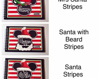 Personalized Disney Christmas Autograph Book - Stripe Santa Mickey or Mrs Santa  - Great for Very Merry Christmas Party - 4x6 - 25 pages