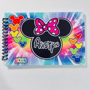 Disney Autograph Book - Rainbow Minnie Mouse with Bow or without Bow - Your choice of bow Color - Free Personalization 4&quot;x6&quot; - Trip Reveal