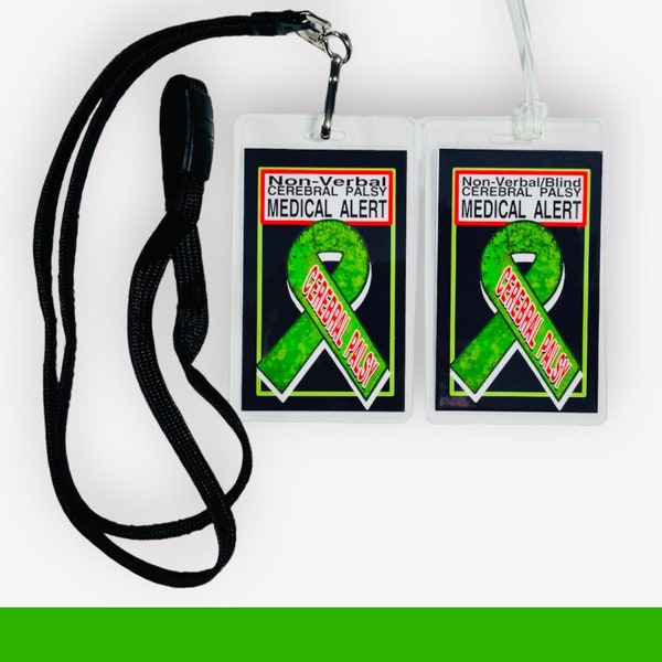 1 Cerebral Palsy Awareness Luggage Tag - Medical Alert tag - Laminated 10mil - Choice of Loop or Safe Breakawy Lanyard - CP Tag - CP Alert