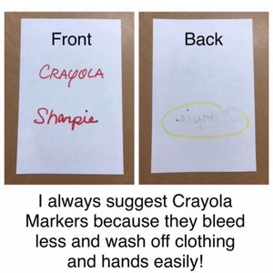 Op de afbeelding: Twee witte vellen papier, een met het label "Voorzijde" en het andere met het label "Achterzijde". Het woord "Crayola" is in rode inkt op het voorste vel geschreven, en het woord "Sharpie" is in rode inkt eronder geschreven. Het achterste vel heeft een gele cirkel getekend rond het woord "Sharpie" dat in rode inkt is geschreven. De onderschrift onder de afbeelding luidt: "Ik raad altijd Crayola-markers aan omdat ze minder doorbloeden en gemakkelijk van kleding en handen te wassen zijn!"